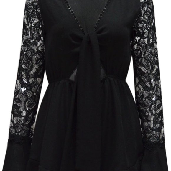 POINT OF VIEW BLACK LONG CROCHET SLEEVE ROMPER - Picture 10 of 10